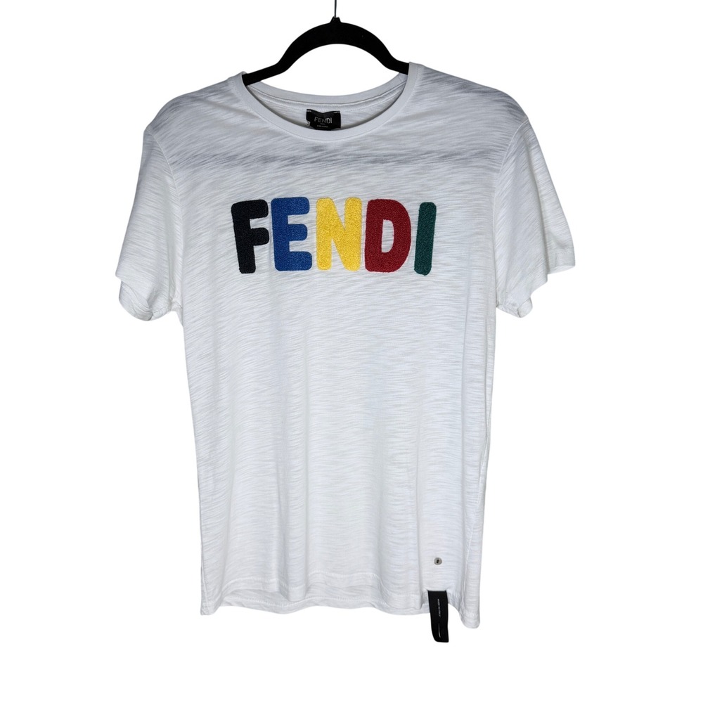 Fendi Roma White Slub Knit Multi-Color Chenille Logo T-Shirt IT 44 CA02898090